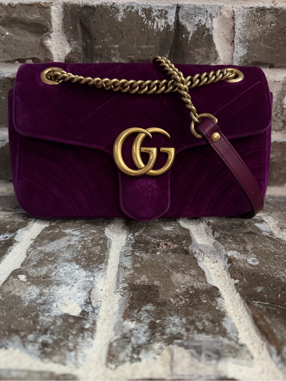 Gucci Purple Velvet Shoulder Bag with Gold Hardware